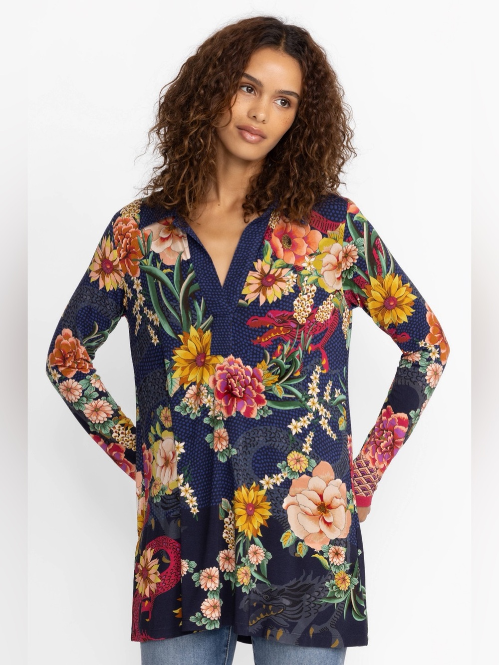 Johnny Was The Janie Favorite Long Sleeve Polo Swing Tunic in Blue Floral XXS - Picture 2 of 10